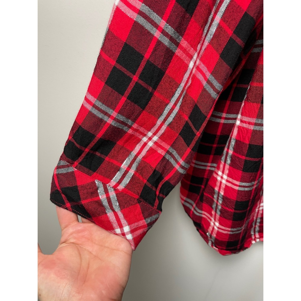 Lane Bryant Red Black Plaid Metallic Roll Tab Sleeve Button Front Shirt 26/28 - Picture 5 of 9